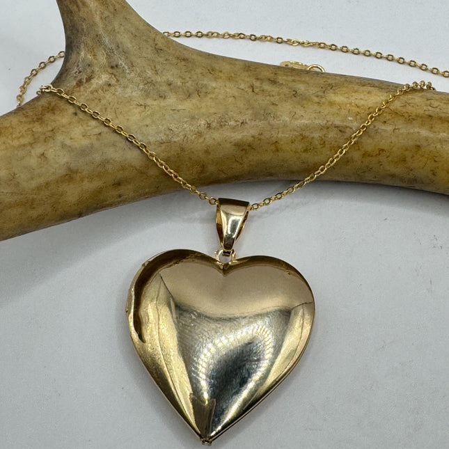 Vintage Gold Locket | Large 9K Gold Filled Heart Pendant Photo Memory Charm Engraved Flower | Golden 925 Sterling Silver Chain Necklace