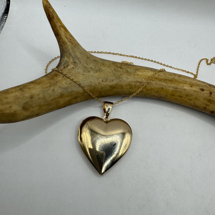 Vintage Gold Locket | Large 9K Gold Filled Heart Pendant Photo Memory Charm Engraved Flower | Golden 925 Sterling Silver Chain Necklace