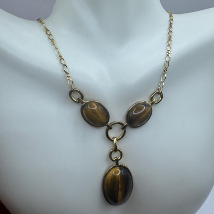 Vintage Tiny Gold Charm Necklace |Tigers Eye Gemstone Dainty Gold Filled Chain Necklace | Minimalist Style Crystal