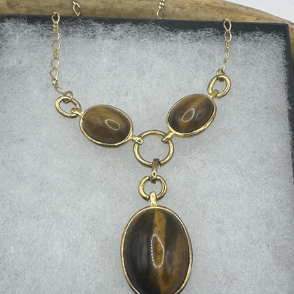 Vintage Tiny Gold Charm Necklace |Tigers Eye Gemstone Dainty Gold Filled Chain Necklace | Minimalist Style Crystal