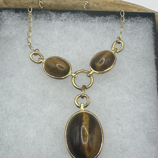 Vintage Tiny Gold Charm Necklace |Tigers Eye Gemstone Dainty Gold Filled Chain Necklace | Minimalist Style Crystal