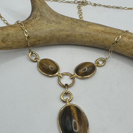 Vintage Tiny Gold Charm Necklace |Tigers Eye Gemstone Dainty Gold Filled Chain Necklace | Minimalist Style Crystal