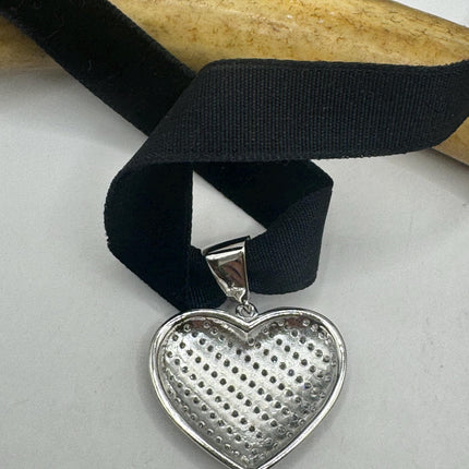 Vintage Cubic Zirconia Heart Velvet Choker - 925 Sterling Silver Necklace - Antique Design
