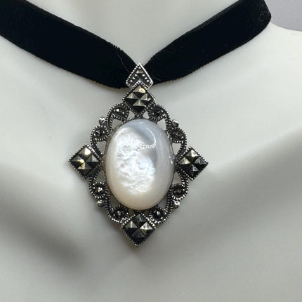 Vintage Mother of Pearl Marcasite Pendant Ribbon Choker Necklace | 925 Sterling Silver Necklace