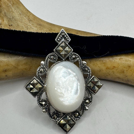Vintage Mother of Pearl Marcasite Pendant Ribbon Choker Necklace | 925 Sterling Silver Necklace