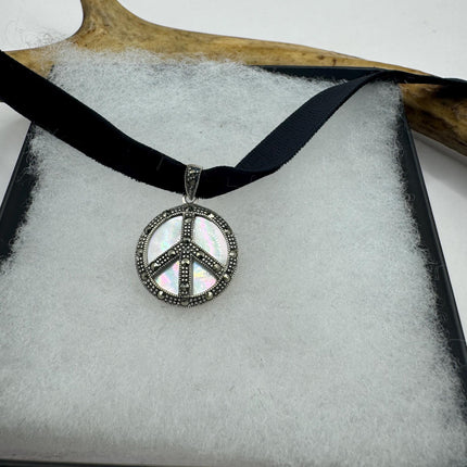 Vintage Mother of Pearl peace sign Marcasite Pendant Ribbon Choker Necklace | 925 Sterling Silver Necklace