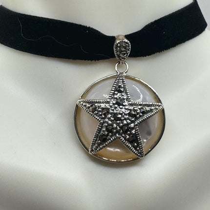 Vintage Mother of Pearl pentagram star marcasite Pendant Ribbon Choker Necklace | 925 Sterling Silver Necklace