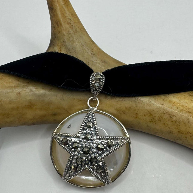 Vintage Mother of Pearl pentagram star marcasite Pendant Ribbon Choker Necklace | 925 Sterling Silver Necklace