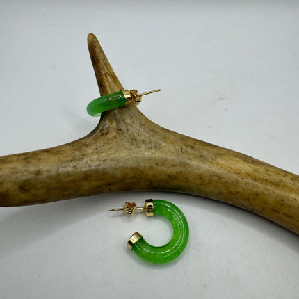Vintage Green Jade Gold Lucky Hoop Earrings