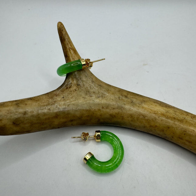 Vintage Green Jade Gold Lucky Hoop Earrings