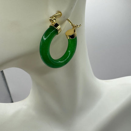 Vintage Green Jade Gold Lucky Hoop Earrings