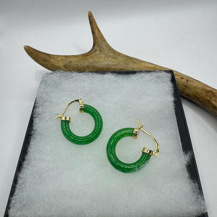 Vintage Green Jade Gold Lucky Hoop Earrings