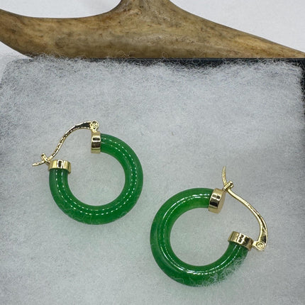 Vintage Green Jade Gold Lucky Hoop Earrings
