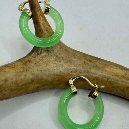 Vintage Green Jade Gold Lucky Hoop Earrings
