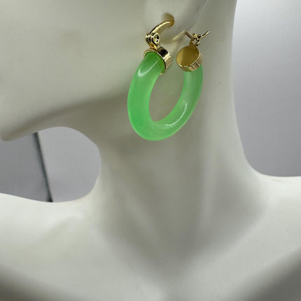 Vintage Green Jade Gold Lucky Hoop Earrings