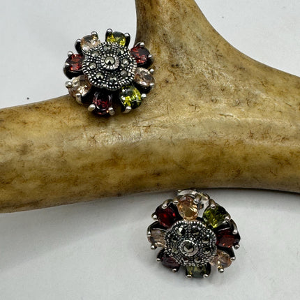 Vintage Silver Marcasite Earrings | Multi Color Gemstone Tiny Deco | 925 Sterling Silver Stud Earrings | Minimalist Everyday