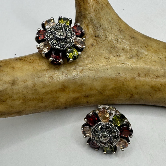 Vintage Silver Marcasite Earrings | Multi Color Gemstone Tiny Deco | 925 Sterling Silver Stud Earrings | Minimalist Everyday