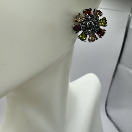 Vintage Silver Marcasite Earrings | Multi Color Gemstone Tiny Deco | 925 Sterling Silver Stud Earrings | Minimalist Everyday