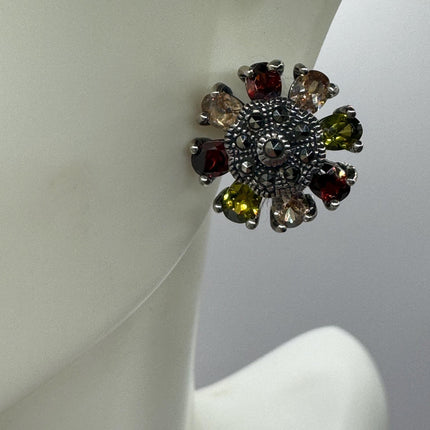 Vintage Silver Marcasite Earrings | Multi Color Gemstone Tiny Deco | 925 Sterling Silver Stud Earrings | Minimalist Everyday