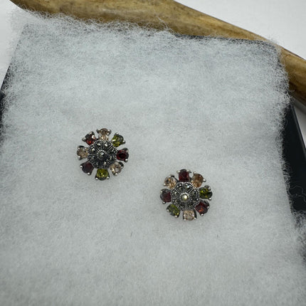 Vintage Silver Marcasite Earrings | Multi Color Gemstone Tiny Deco | 925 Sterling Silver Stud Earrings | Minimalist Everyday