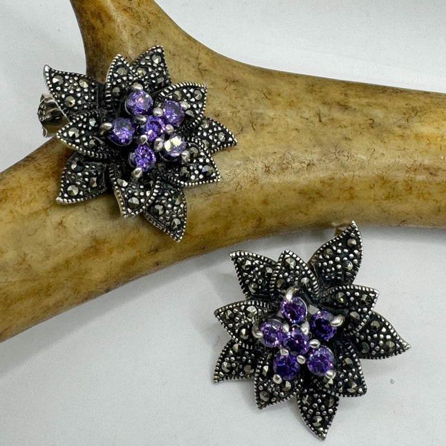 Vintage Sterling Silver Marcasite Earrings Amethyst Flower Studs Minimalist Everyday Jewelry-Earrings-TomWayne Jewelers
