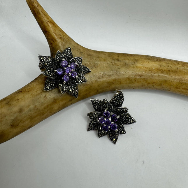 Vintage Sterling Silver Marcasite Earrings Amethyst Flower Studs Minimalist Everyday Jewelry-Earrings-TomWayne Jewelers