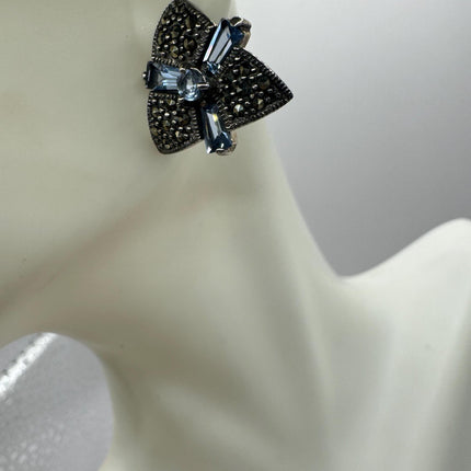 Vintage Silver Marcasite Earrings Blue Iolite Deco | 925 Sterling Silver Stud Earrings | Minimalist Everyday