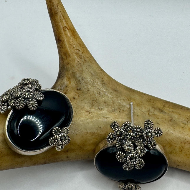 Vintage Silver Marcasite Earrings Black Onyx Deco | 925 Sterling Silver Stud Earrings | Minimalist Everyday