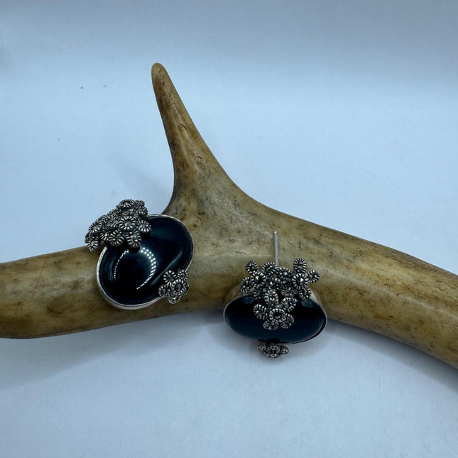 Vintage Silver Marcasite Earrings Black Onyx Deco | 925 Sterling Silver Stud Earrings | Minimalist Everyday
