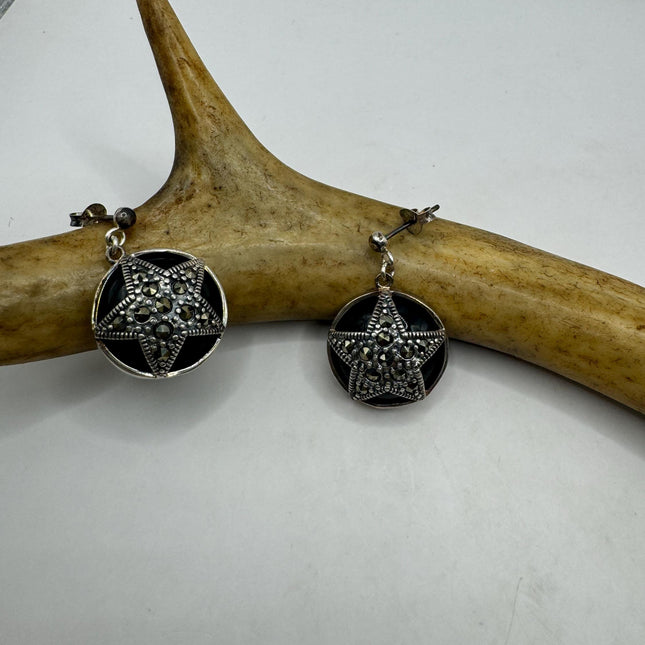 Vintage Black Onyx Silver Marcasite Earrings Black Onyx Deco | 925 Sterling Silver pentagram star Earrings | Minimalist Everyday