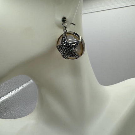 Vintage White mother of Pearl Silver Marcasite Earrings Black Onyx Deco | 925 Sterling Silver pentagram star Earrings | Minimalist Everyday