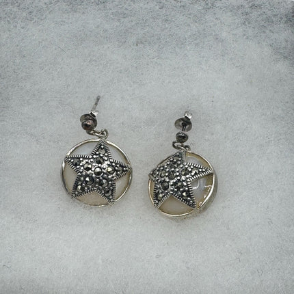 Vintage White mother of Pearl Silver Marcasite Earrings Black Onyx Deco | 925 Sterling Silver pentagram star Earrings | Minimalist Everyday