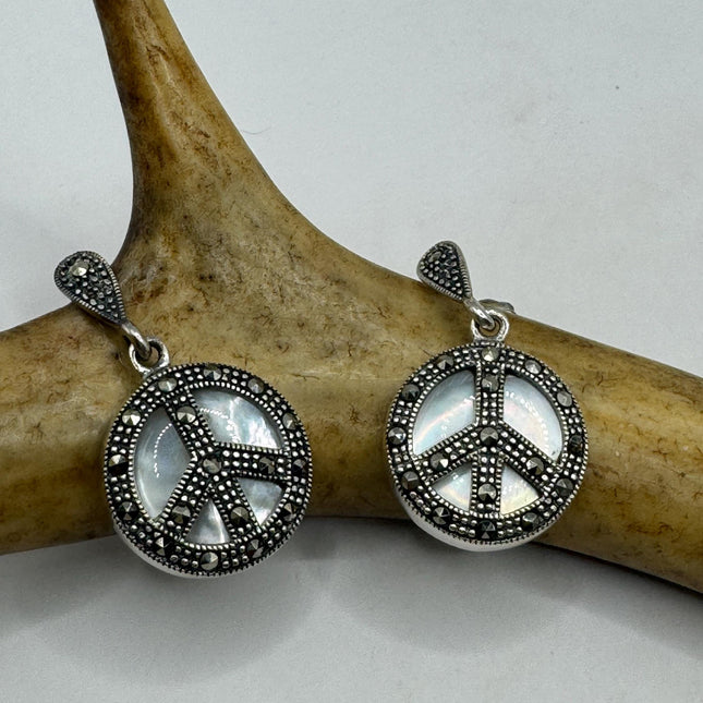 Vintage White mother of Pearl peace sign Silver Marcasite Earrings Black Onyx Deco | 925 Sterling Silver Earrings | Minimalist Everyday