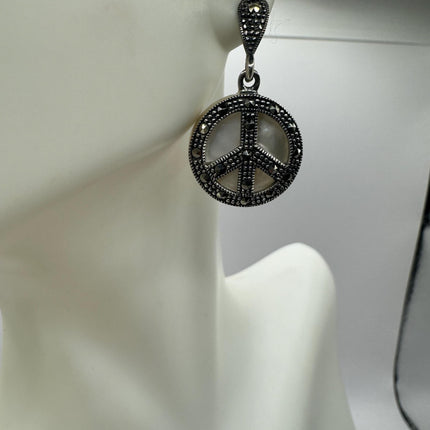 Vintage White mother of Pearl peace sign Silver Marcasite Earrings Black Onyx Deco | 925 Sterling Silver Earrings | Minimalist Everyday