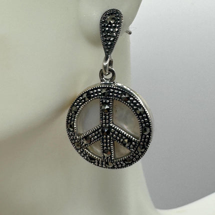 Vintage White mother of Pearl peace sign Silver Marcasite Earrings Black Onyx Deco | 925 Sterling Silver Earrings | Minimalist Everyday