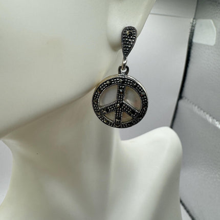 Vintage White mother of Pearl peace sign Silver Marcasite Earrings Black Onyx Deco | 925 Sterling Silver Earrings | Minimalist Everyday