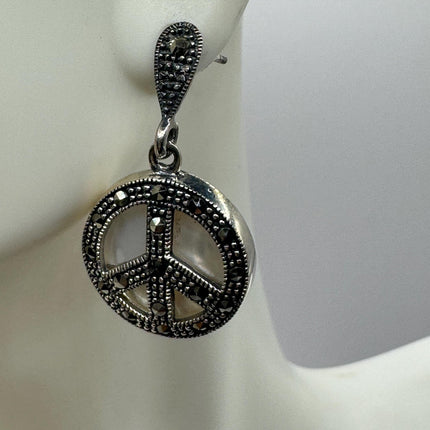 Vintage White mother of Pearl peace sign Silver Marcasite Earrings Black Onyx Deco | 925 Sterling Silver Earrings | Minimalist Everyday