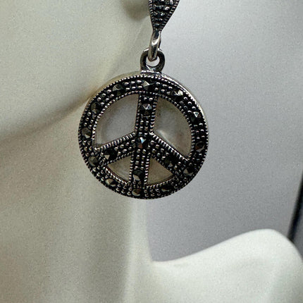 Vintage White mother of Pearl peace sign Silver Marcasite Earrings Black Onyx Deco | 925 Sterling Silver Earrings | Minimalist Everyday