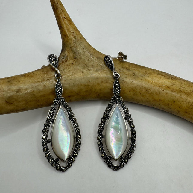 Vintage White mother of Pearl Silver Marcasite Earrings BlDeco | 925 Sterling Silver Earrings | Minimalist Everyday