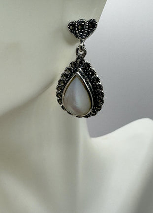 Vintage White mother of Pearl Silver Marcasite Earrings Deco | 925 Sterling Silver Earrings | Minimalist Everyday