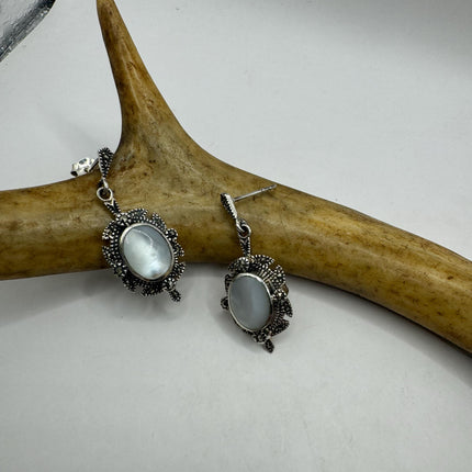 Vintage White mother of Pearl Silver Marcasite Earrings Deco | 925 Sterling Silver Earrings | Minimalist Everyday
