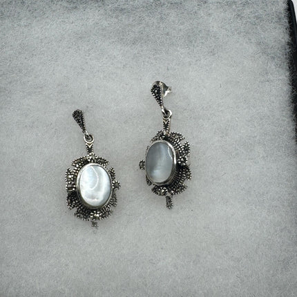 Vintage White mother of Pearl Silver Marcasite Earrings Deco | 925 Sterling Silver Earrings | Minimalist Everyday