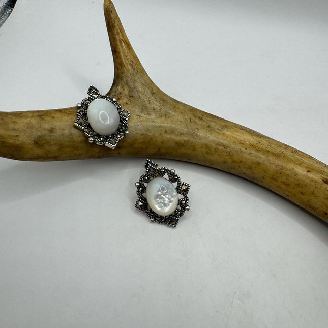 Vintage White mother of Pearl Silver Marcasite Earrings Deco | 925 Sterling Silver Earrings | Minimalist Everyday
