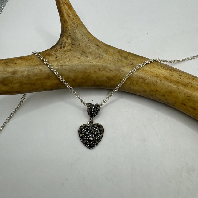 Vintage Floating Marcasite Heart Necklace Dainty 925 Sterling Silver Chain, Delicate Design