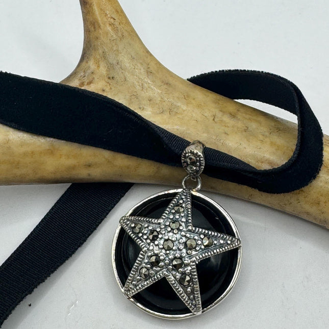 vintage pentagram Star Black Onyx star marcasite Pendant Ribbon Choker Necklace | 925 Sterling Silver Necklace