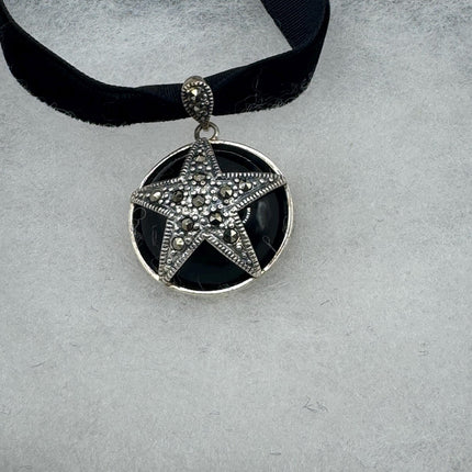 vintage pentagram Star Black Onyx star marcasite Pendant Ribbon Choker Necklace | 925 Sterling Silver Necklace