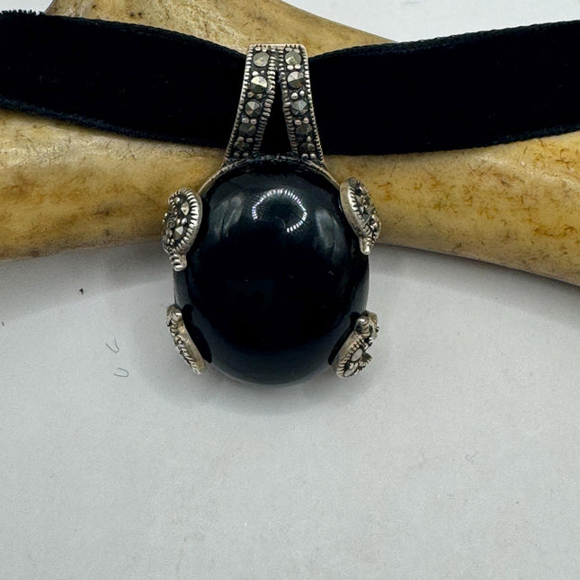 vintage Black Onyx star marcasite Pendant Ribbon Choker Necklace | 925 Sterling Silver Necklace
