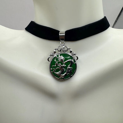 Vintage Green Jade Deco Dragon Necklace Black Velvet Choker Silver Bronze