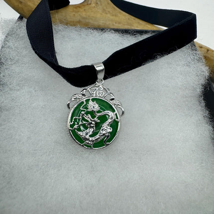 Vintage Green Jade Deco Dragon Necklace Black Velvet Choker Silver Bronze
