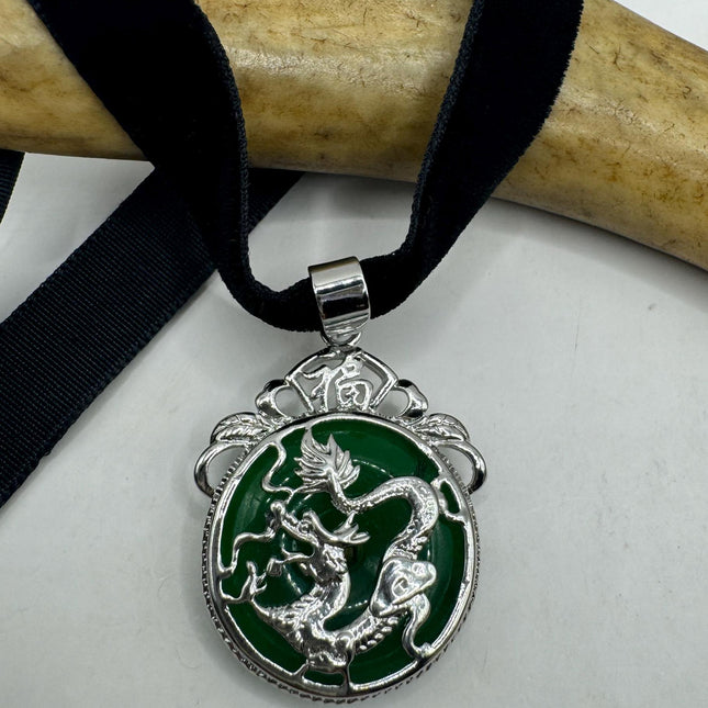 Vintage Green Jade Deco Dragon Necklace Black Velvet Choker Silver Bronze